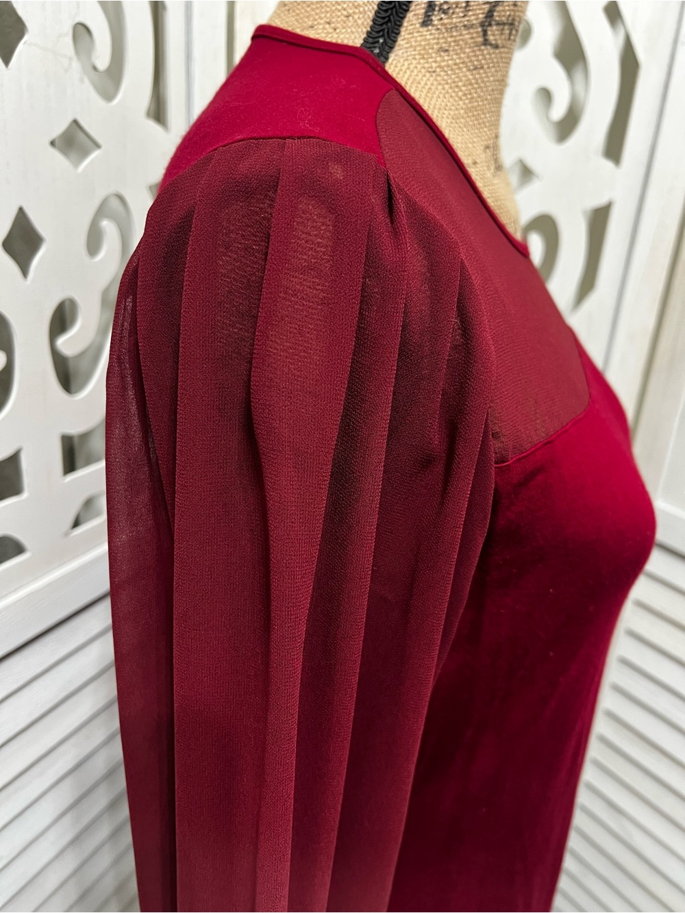 Lascana Women’s Mesh Yoke Long Sleeve Top - Burgundy - Picture 6 of 13